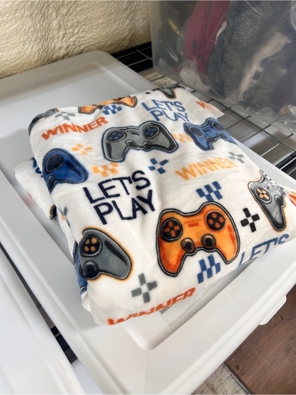 Let’s Play Gamer Plush Throw Blanket in White, Orange, Blue, and black